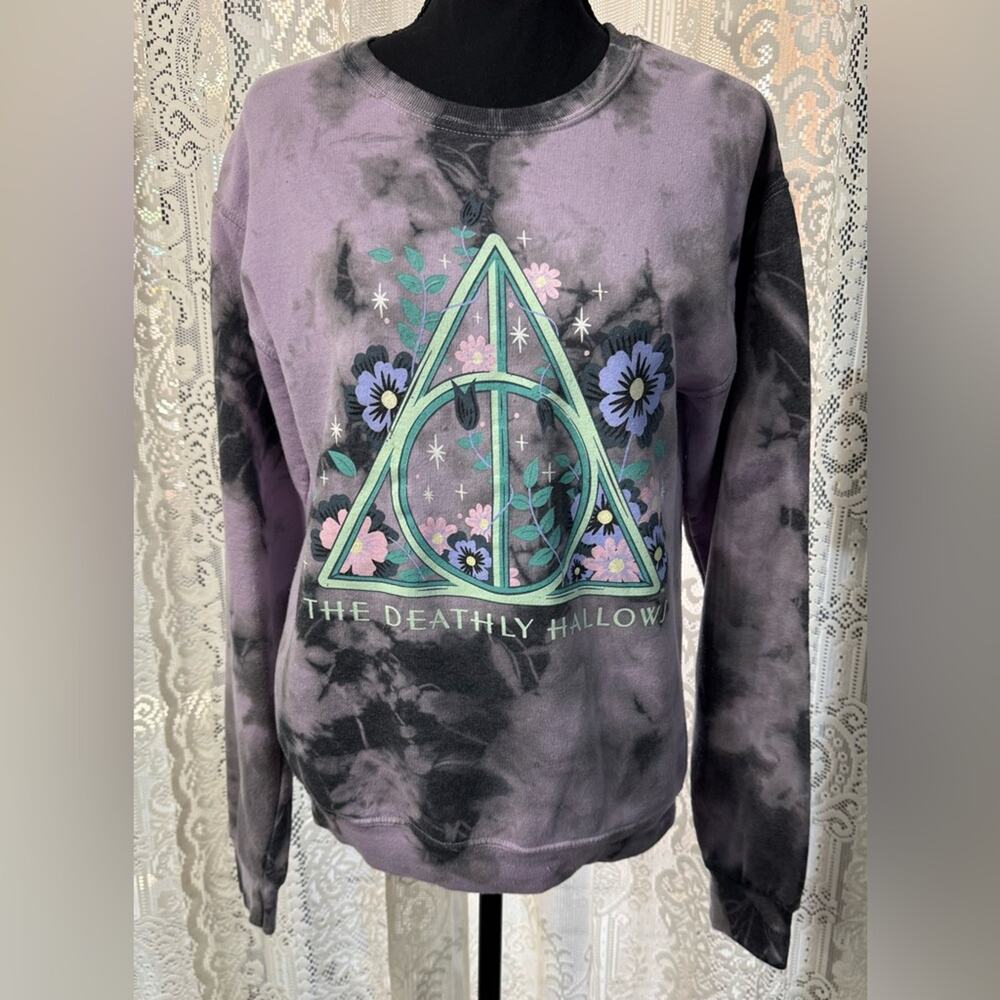 Harry Potter Womens Small Purple Tie Dye Deathly Hallows Sweatshirt *Small Stain